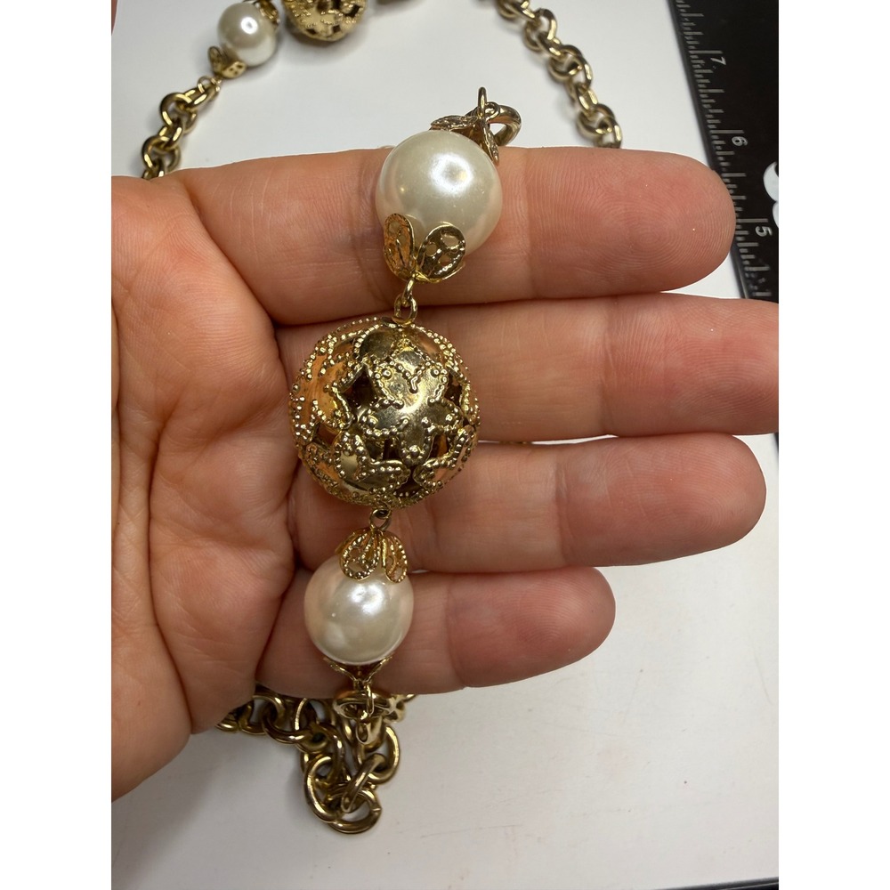Vintage Gold Tone Long Chain Necklace Faux Pearl Filigree Cage Bead 36 Inch